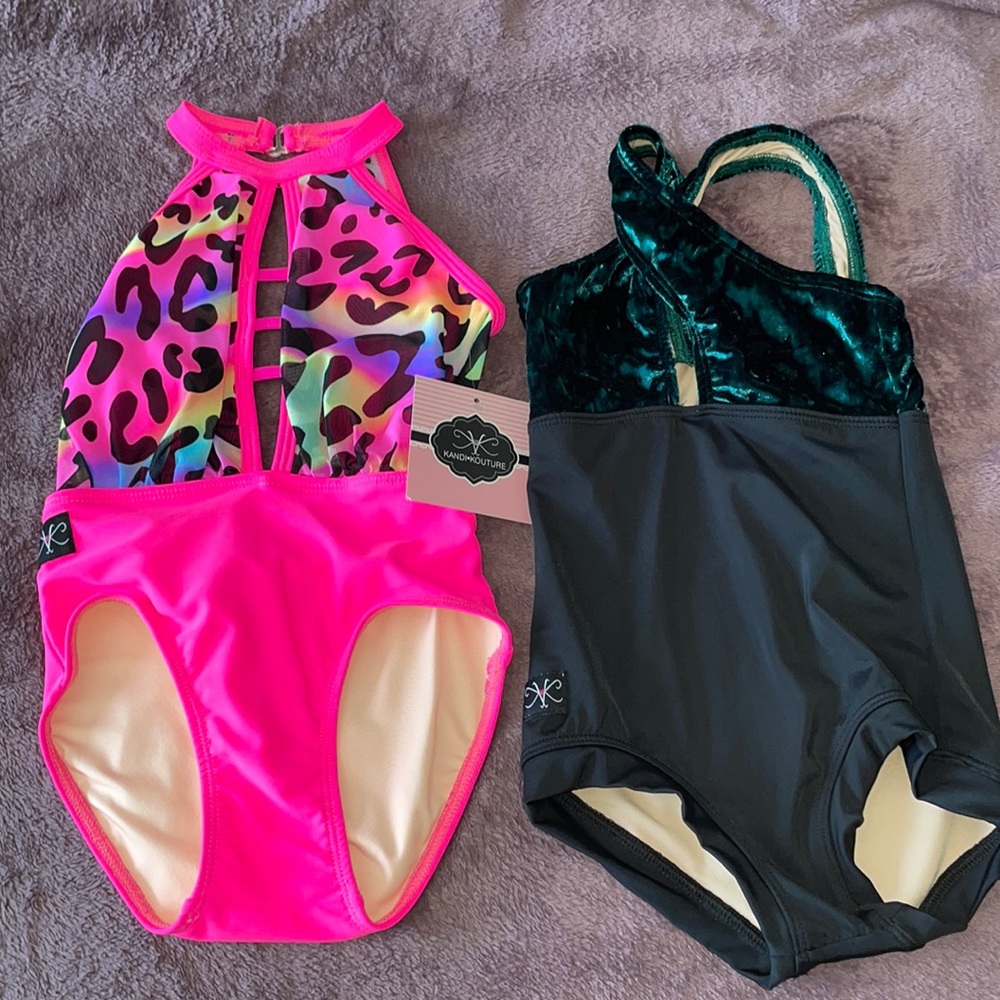 Kandi Kouture Two CM Dance Leotards (Pink NWT, Green- EUC)